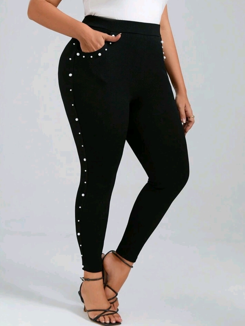 SHEIN Black Pearl-Trim High Waist Leggings